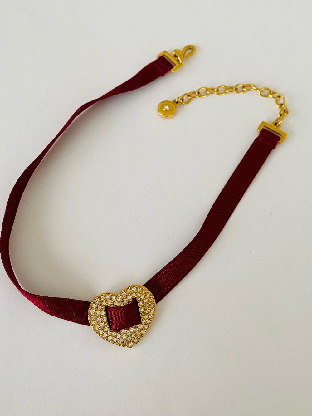 Swarovski Vintage Gold Crystal Pave Heart Charm Red Ribbon Choker Necklace rare!